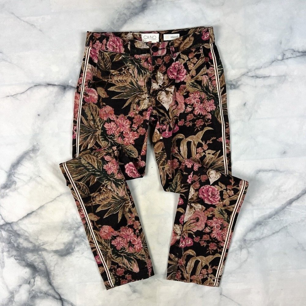 Chino by Anthropologie Relaxed Twill Pants Size 25 Waist Botanical Floral Tuxedo
